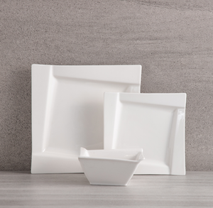 Custom White Porcelain Square Plates & Bowls, Embossed Wave Edge, Durable Ceramic Tableware for Restaurant, Catering & Kitchen - Product Image 1