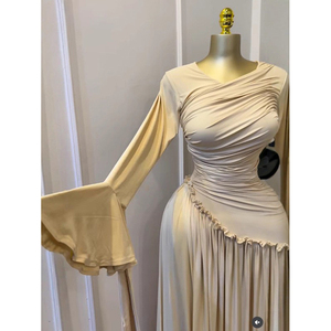 Vestido Elegante de Manga Larga con Dobladillo con Volantes, Tallas S a 2XL, Vestido Maxi Elástico de Color Sólido - Product Image 4