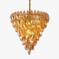 Lustre suspendu de luxe à plusieurs niveaux en laiton massif avec verre ambré pour hall d'entrée, escalier de style mid-century, lustre antique