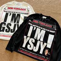 T-shirt imprimé graphique streetwear personnalisé, 100 % coton, manches longues, coupe ample, effet délavé