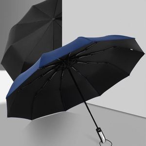 Parapluie renforcé à dix baleines, anti-collision automatique, poignée en plastique, revêtement noir, conception pliable en trois, protection UV, couleur unie - Product Image 3