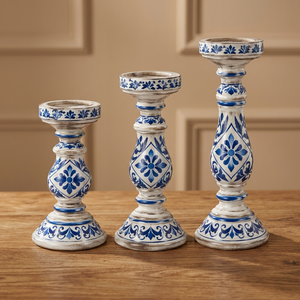 Lot de 3 bougeoirs Hurricane en bois de manguier majolique peints à la main, écologiques et durables, pour la décoration intérieure (vente en gros) - Product Image 3