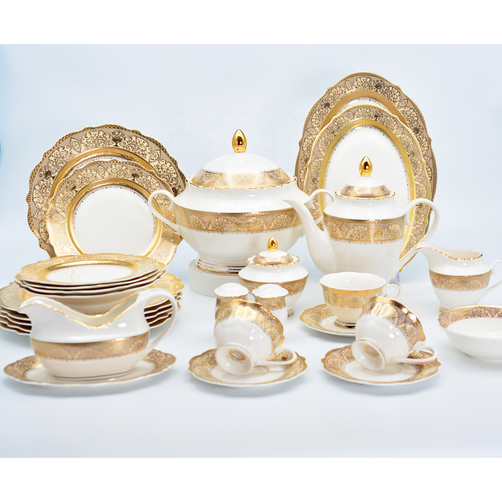 98pcs Embossed Real Gold Porcelain Luxury Wedding Set