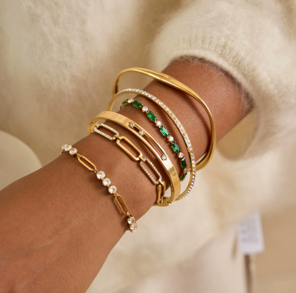 Classic Chunky Rhinestone Moveable Funky Stacking 18K Gold Plated Stainless Steel Geometric Women's Bangle