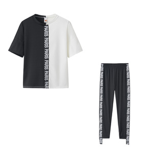 Conjunto de 2 Piezas para Mujer 2026, Camiseta de Moda con Estampado de Letras en Blanco y Negro, Hombros Descubiertos, Pantalones Largos de Baloncesto - Product Image 1