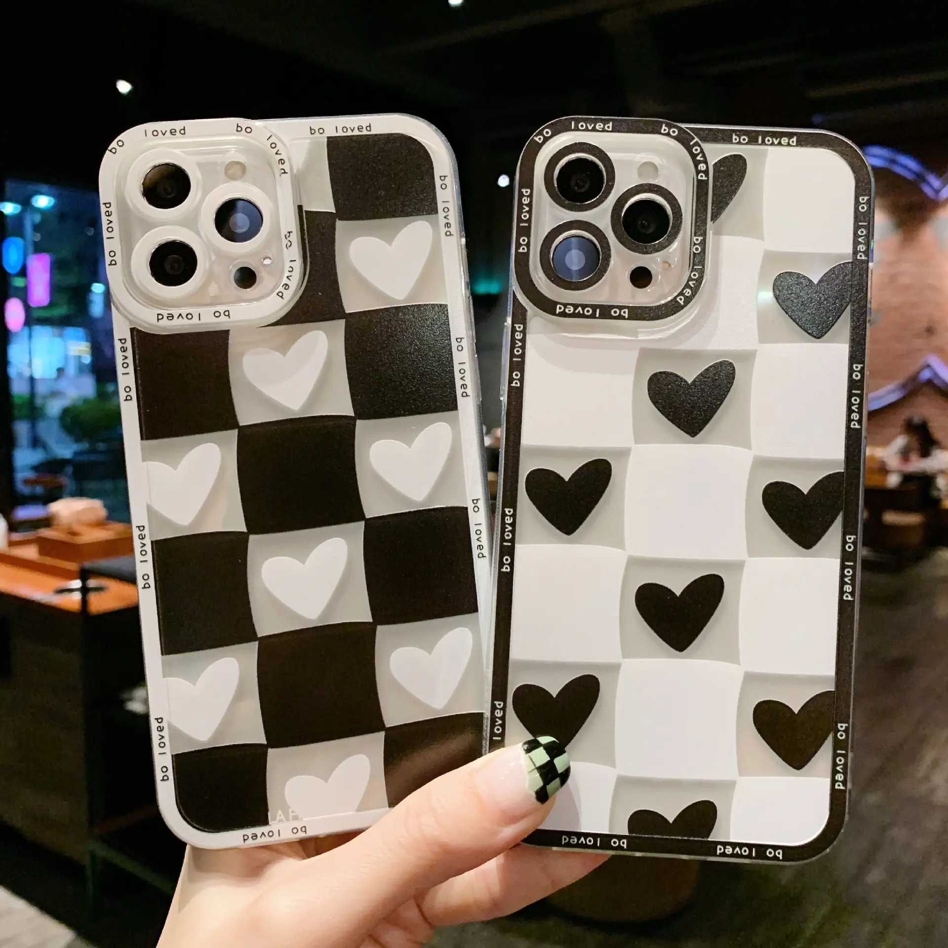 Jmax Luxury Angel lens Black And White Checked Love Heart Soft TPU Phone Case For iPhone 7 8 X XR XS 11 12 13 14 Pro Max Min