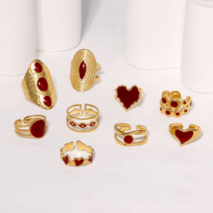 Anello Regolabile in Acciaio Inossidabile Stile Retrò Francese alla Moda, Smaltato <span class=keywords><strong>Rosso</strong></span> <span class=keywords><strong>Vino</strong></span>, per Ragazze - Product Image 2