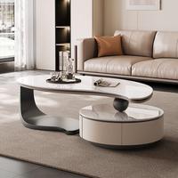 Table basse STG moderne italienne de luxe léger, en pierre frittée blanche irrégulière, à niveaux, extensible, avec rangement écologique en bois