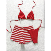 Bikini Rojo Sexy de Verano, Conjunto de 3 Piezas, Traje de Baño con Shorts para Vacaciones en la Playa 2026 para Chicas Jóvenes