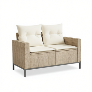 Canapé de jardin en rotin beige deux places, mobilier d'extérieur avec coussin en mousse haute densité, design contemporain imperméable - Product Image 1