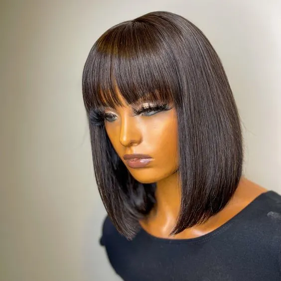 Letsfly Cheap Straight Bob Wig with Bang Non Lace Machine Made Wigs Glueless Remy Virgin Hair Unit Wholesale Promotion