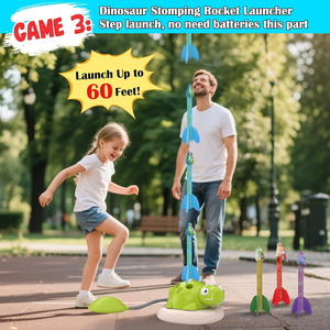 Jeux d'intérieur et d'extérieur 3 en 1 : Jeu musical de lancer d'anneaux et lanceur de fusées à trépasser pour enfants, jouets d'activités sportives sur le thème des dinosaures - Product Image 2