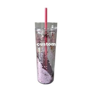 Custom Reusable Double Wall 16oz Cute Plastic Snow Globe Tumbler Clear Acrylic Pre-drilled with Straw and Stopper