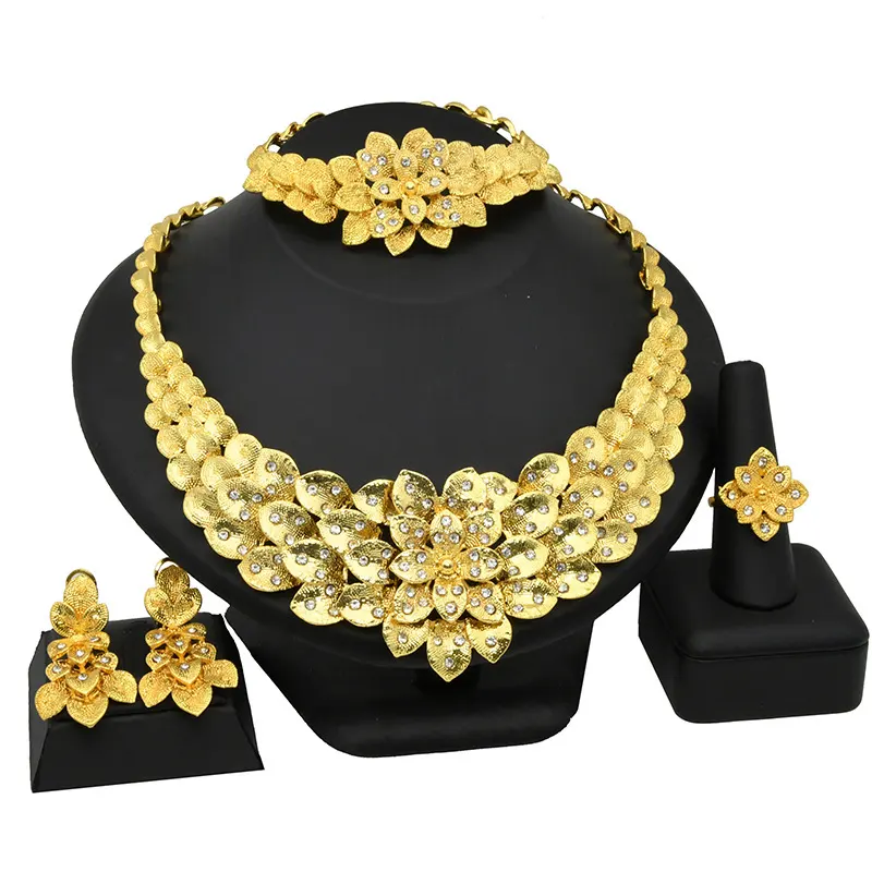 Dubai 24K Set Perhiasan untuk Wanita, Kalung Cincin Anting-Anting Lapis Emas Nigeria, Perhiasan Pesta Makan Malam