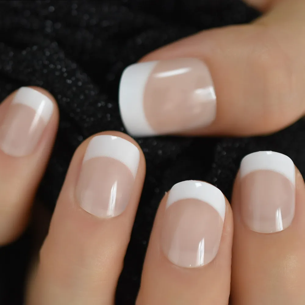 Classical Normal Size French Nail Nude White Tip Glossy Press On Fingernals for daily with glue sticker 24