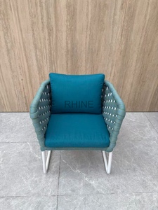 Chaise de jardin fraîche et confortable en <span class=keywords><strong>corde</strong></span> tressée turquoise et structure métallique blanche, <span class=keywords><strong>fauteuil</strong></span> individuel pour villa/terrasse/salon de B&B - Product Image 2