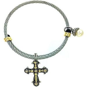 Brazalete de Alambre de Latón Chapado en Rodio de Dos Tonos para Mujer, Ajustable, con 2 Dijes de Perlas Simuladas, Brazaletes de Moda - Product Image 1