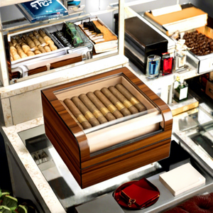 Humidor de Cigarros Clásico Ecológico de Madera Lacada y Metal con Tapa de Cristal, Estanterías y Cajones - ¡El Más Vendido! - Product Image 3
