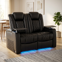 Fauteuil inclinable électrique moderne en cuir pleine fleur avec structure en bois, appui-tête réglable, ports USB Type-C et porte-gobelets LED