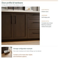 Meuble de cuisine en placage de bois Shaker avec îlot, portes à cadre noir, boîtes en panneaux mélaminés et options de rangement coulissants