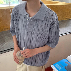 T-shirt Polo D<span class=keywords><strong>éco</strong></span>ntracté à Manches Courtes en Coton Tricoté Uni pour <span class=keywords><strong>Homme</strong></span>, Coupe Ample et D<span class=keywords><strong>éco</strong></span>ntractée, Motif Squelette, Style Été - Product Image 3