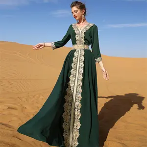 Dark green embroidered lace elegant vintage muslim kaftan dress Middle Eastern Dubai long sleeve V neck muslim dress