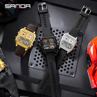 SANDA 6210 Jam Tangan Elektronik Pria Fashion Stainless Steel Persegi 2024 Gerakan Ganda Tahan Air Suhu Cerdas