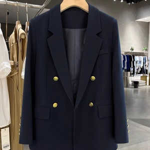 New <strong>Navy</strong> <strong>Blue</strong> High-end Casual Breathable Hand Embroidery Button Small Viscose / Polyester Double Breasted Women's <strong>Blazer</strong> - Product Image 2