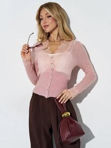 Top in maglia <span class=keywords><strong>slim</strong></span> <span class=keywords><strong>fit</strong></span> sexy con scollo a V da donna, <span class=keywords><strong>cardigan</strong></span> in maglia con finiture in pizzo - Product Image 3