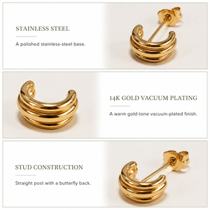 Pendientes de tuerca de doble curva, acero inoxidable con baño de oro de 14K, pequeños pendientes curvos pulidos, color oro y plata - Product Image 3