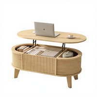 Table basse relevable moderne à cannelures, avec rangement, en bois naturel, design ovale, pour salon et bureau à domicile