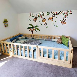 Twin Floor <b>Bed</b> Frame With Safety Guardrails Montessori Kids Slats Convertible Door Natural Wood Montessori Floor <b>Bed</b> - Product Image 4