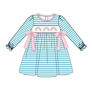 Puresun custom designs long sleeve smocked kids clothes blue stripe rainbow embroidery baby girl boutique dress