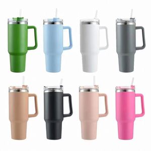 Gobelet isotherme de voyage en acier inoxydable à double paroi, sans BPA, de 40 oz, avec revêtement poudré, poignée et paille - Product Image 6