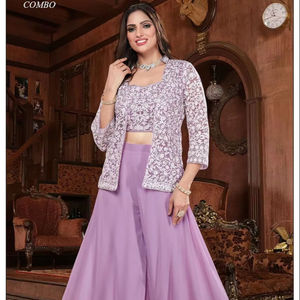 Lavender Palazzo Suit Set with <b>Jacket</b> for <b>Women</b> Designer Ethnic Wear Crop Top Palazzo with Embroidered Shrug Party <b>Wedding</b> - Product Image 3