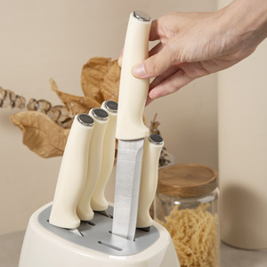 Ensemble de 7 couteaux de chef, de tranchage et de dégrossissage en acier inoxydable beige crème, avec bloc ovale en forme de galet, 6-7,9 pouces, 30Cr13 poli - Product Image 5