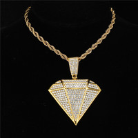Bijoux Hip Hop Icy Bling Pendentif en forme de diamant avec strass plaqué or de luxe pour hommes avec chaîne de collier cubain Miami