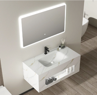 Meuble de salle de bain mural de luxe en pierre artificielle, motif marbre, avec vasque intégrée, miroir LED à capteur et rangement