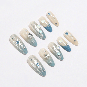 <span class=keywords><strong>Faux</strong></span> ongles à presser français nude bleu dégradé avec paillettes argentées et papillons 3D en cristal, couverture complète, réutilisables, en ABS - Product Image 2