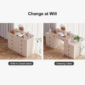 Meubles de chambre à coucher modernes et luxueux Coiffeuse à maquillage escamotable en verre trempé avec îlot de rangement et coiffeuse à 8 tiroirs - Product Image 5