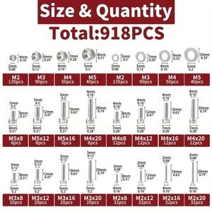 Kit Surtido de Tuercas y Arandelas Hexagonales M2 M3 M4 M5, 918 Piezas, Acero Inoxidable Grado 8.8, para la Industria del Plástico - Product Image 4