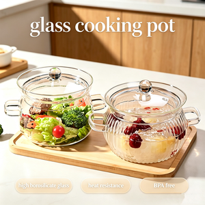 Accessoires de cuisine, articles sans BPA, fait main, transparent, rayures verticales, pot à ragoût en <span class=keywords><strong>verre</strong></span> borosilicate de haute qualité avec <span class=keywords><strong>couvercle</strong></span> et poignées - Product Image 1