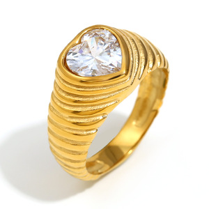 18K Pvd Gold Plated Ribbed Heart Cz Zircon Stainless Steel Waterproof Hypoallergenic Stackable <b>Statement</b> <b>Ring</b> For Women - Product Image 1