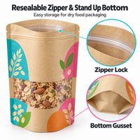 Sachet Doypack Personnalisé en Papier Kraft avec Fenêtre pour Emballage d'Avoine, Refermable avec Fermeture Ziplock, Qualité Alimentaire
