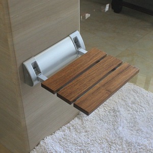 Chaise pliante murale en teck, tabouret de salle de bain, siège de douche, banc d'entrée, siège pliable en bois avec support métallique pour salles de bain - Product Image 1