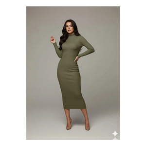 Robe crayon à col roulé côtelée vert olive pour femme, manches longues, longueur midi, grande taille, tenue de soirée - Product Image 2