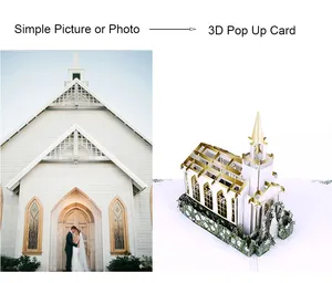 Winpshengカスタム高級レーザーカット教会の建物のデザインポップアップ結婚式の招待状