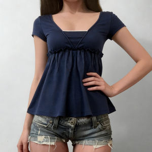 Loose A-Line <b>Patchwork</b> Short Sleeve T-Shirt Sweet Girly Style Youthful Solid Color Minimalist Fashion Versatile <b>Top</b> - Product Image 4