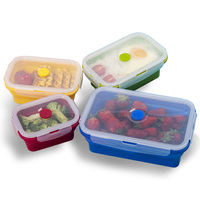 Boîte à bento carrée pliable, ensemble de 4 pièces, base en silicone de qualité alimentaire + couvercles hermétiques en PP, empilable, portable, chauffable, boîte de conservation des aliments