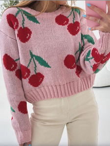 Pull-over col rond pour femme, collection automne-<span class=keywords><strong>hiver</strong></span>, jacquard <span class=keywords><strong>cerise</strong></span>, ample, manches longues, nouvelle collection, tricoté, <span class=keywords><strong>d</strong></span>écontracté, devant - Product Image 5